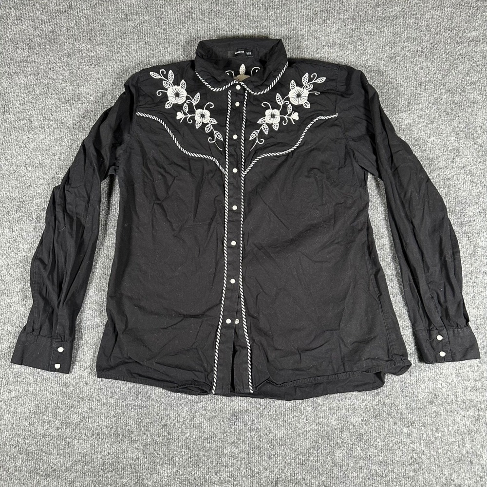 Reserved Shirt Womens Size 42 Black Cotton Floral Embroidered Western Snap Front